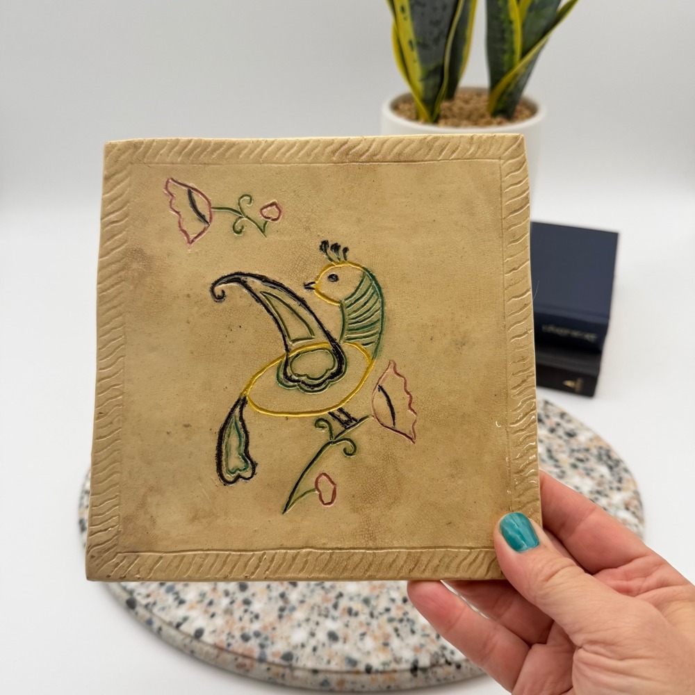 Vintage Hand Painted Ceramic Bird Tile Folk Art Home Decor 6.5" Square